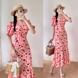Đầm midi thô cổ V vạt chéo tay bồng 2 màu hoa sang chảnh A2353