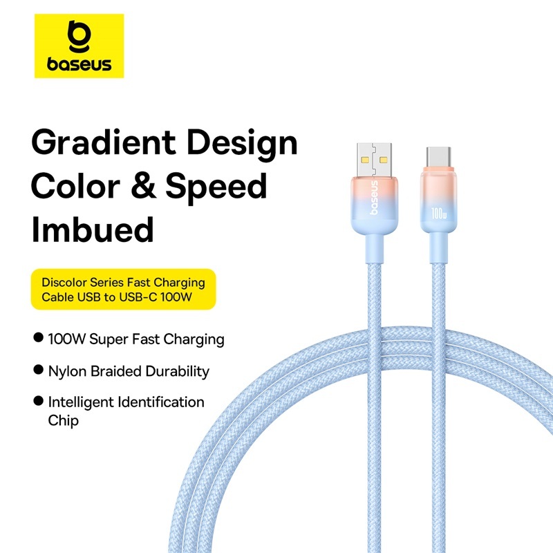 Dây cáp sạc nhanh Baseus Discolor USB sang Type C 100W cho Huawei Xiaomi Cáp truyền dữ liệu chính hãng