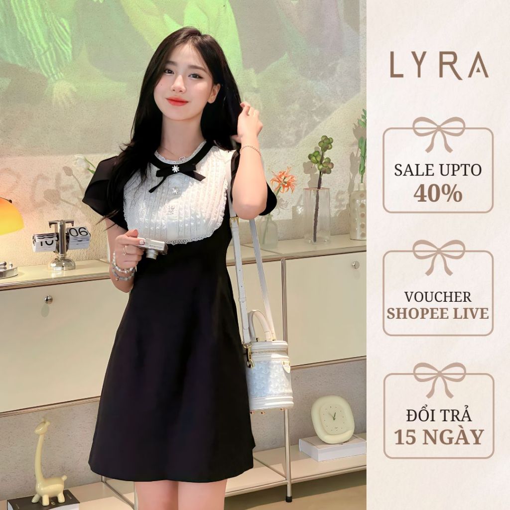 Ảnh LYRA DESIGN - Váy đầm nữ ngắn tay thiết kế cổ trắng phối nơ đính đá thanh lịch nữ tính LYRA Design - LWNVD016 1