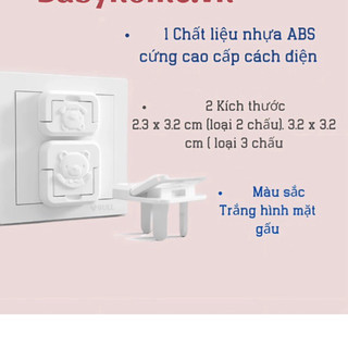Bịt ổ điện cao cấp IQKAO 2 chân 3 chân, an toàn cho trẻ nhỏ, họa tiết gấu trắng đáng yêu