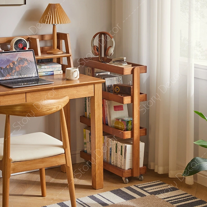 Kệ 4 tầng Giá sách gỗ tự nhiên dùng không gian hẹp có bánh xe di chuyển, bàn phụ ghế sofa phòng khách