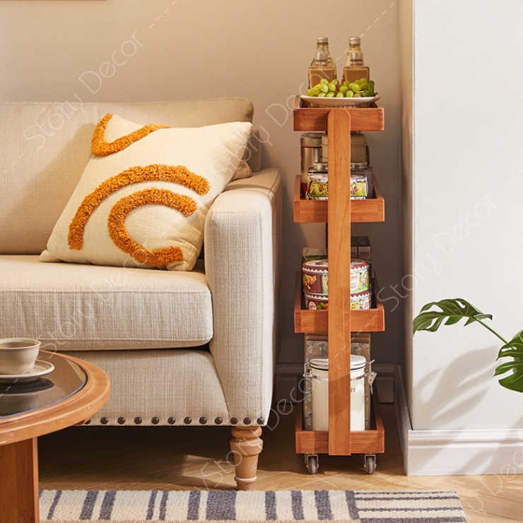 Kệ 4 tầng Giá sách gỗ tự nhiên dùng không gian hẹp có bánh xe di chuyển, bàn phụ ghế sofa phòng khách