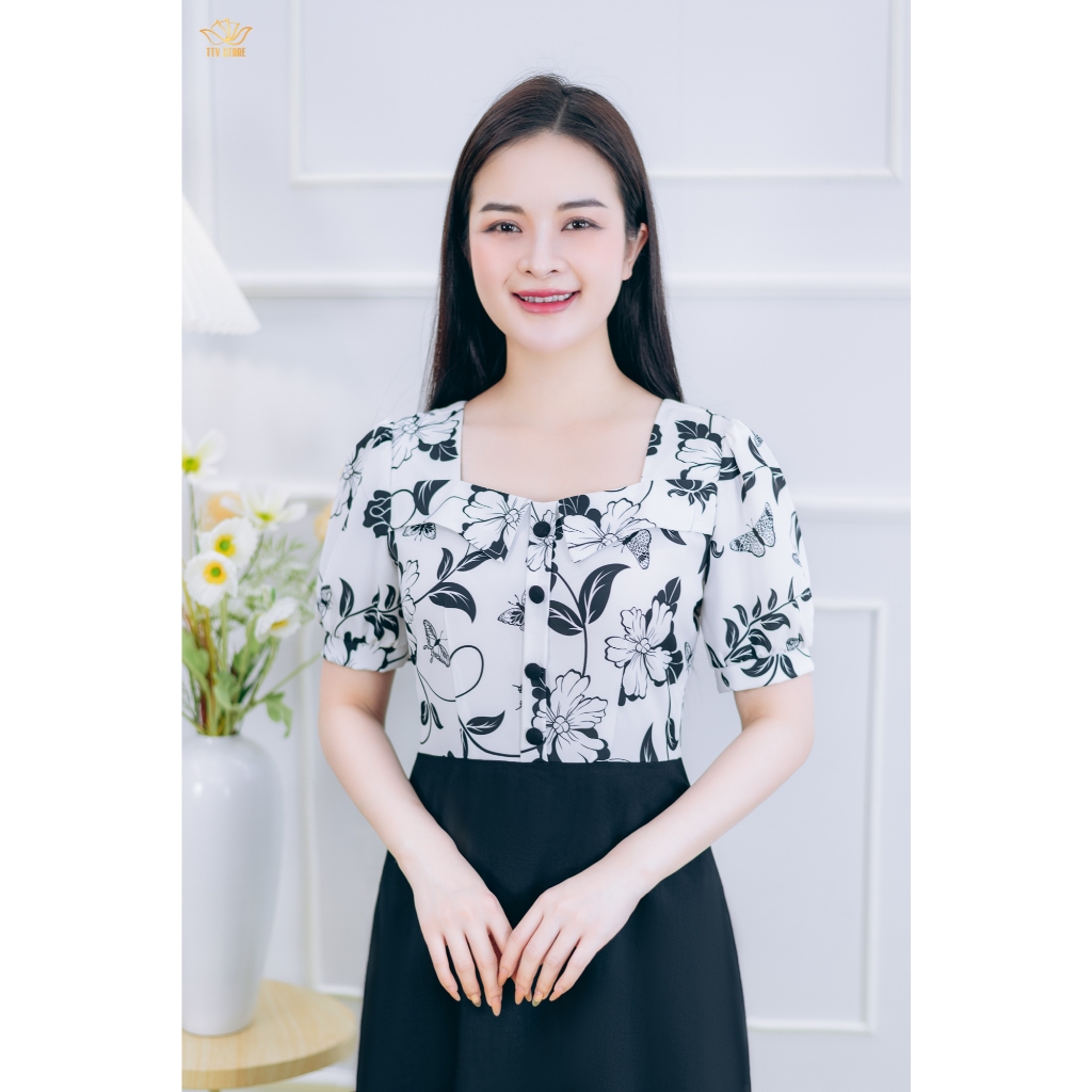 Ảnh Đầm xòe trung niên cho mẹ - Cổ vuông tim kết nút tay ngắn - Trắng hoa đen - TTV1855 3