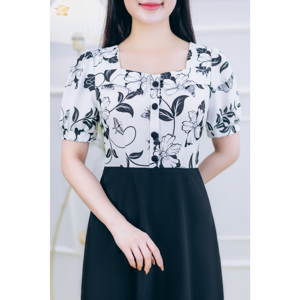 Ảnh Đầm xòe trung niên cho mẹ - Cổ vuông tim kết nút tay ngắn - Trắng hoa đen - TTV1855 2