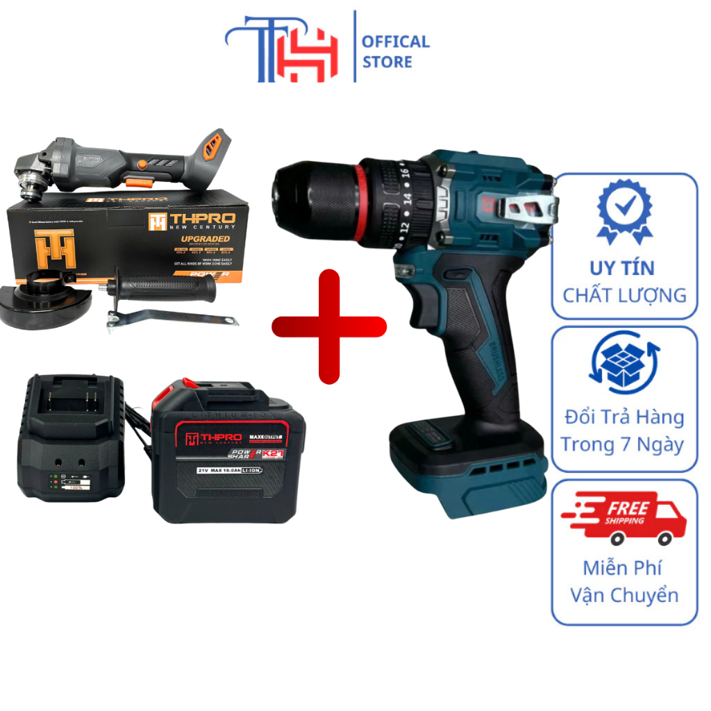 Combo Máy Cắt THPRO F1  Và Máy Khoan Pin 3 Chức Năng THPRO 7821 Động Cơ Không Chổi Than, Chân Pin Phổ Thông Kèm Pin Sạc