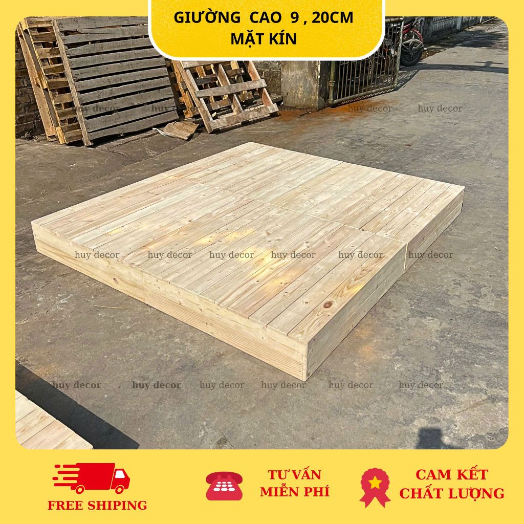 Giường pallet gỗ thông giường ngủ cao 8 cm, 20 cm mặt kín đủ kích thước HUY DECOR