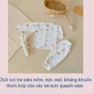Bộ quần áo ngắn dài tay thun lạnh nền trắng họa tiết thú đáng yêu cho bé 5-15kg babyhome
