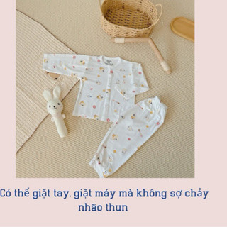 Bộ quần áo ngắn dài tay thun lạnh nền trắng họa tiết thú đáng yêu cho bé 5-15kg babyhome