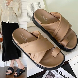 Dép nữ xinh 2 quai chéo xỏ ngón chất da mền đi học đi chơi đen trắng nâu mã 77
