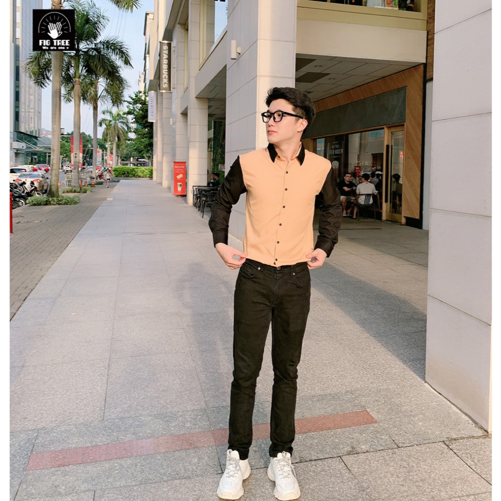 Áo Sơ Mi Nam Fig Tree Màu Vàng Phối Đen Model Đi Chơi, Đi Làm Lịch Lãm, Chất Cotton, Hàng thiết kế