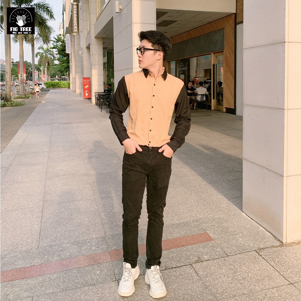 Áo Sơ Mi Nam Fig Tree Màu Vàng Phối Đen Model Đi Chơi, Đi Làm Lịch Lãm, Chất Cotton, Hàng thiết kế