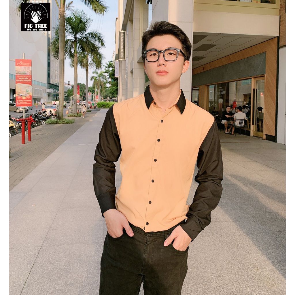 Áo Sơ Mi Nam Fig Tree Màu Vàng Phối Đen Model Đi Chơi, Đi Làm Lịch Lãm, Chất Cotton, Hàng thiết kế