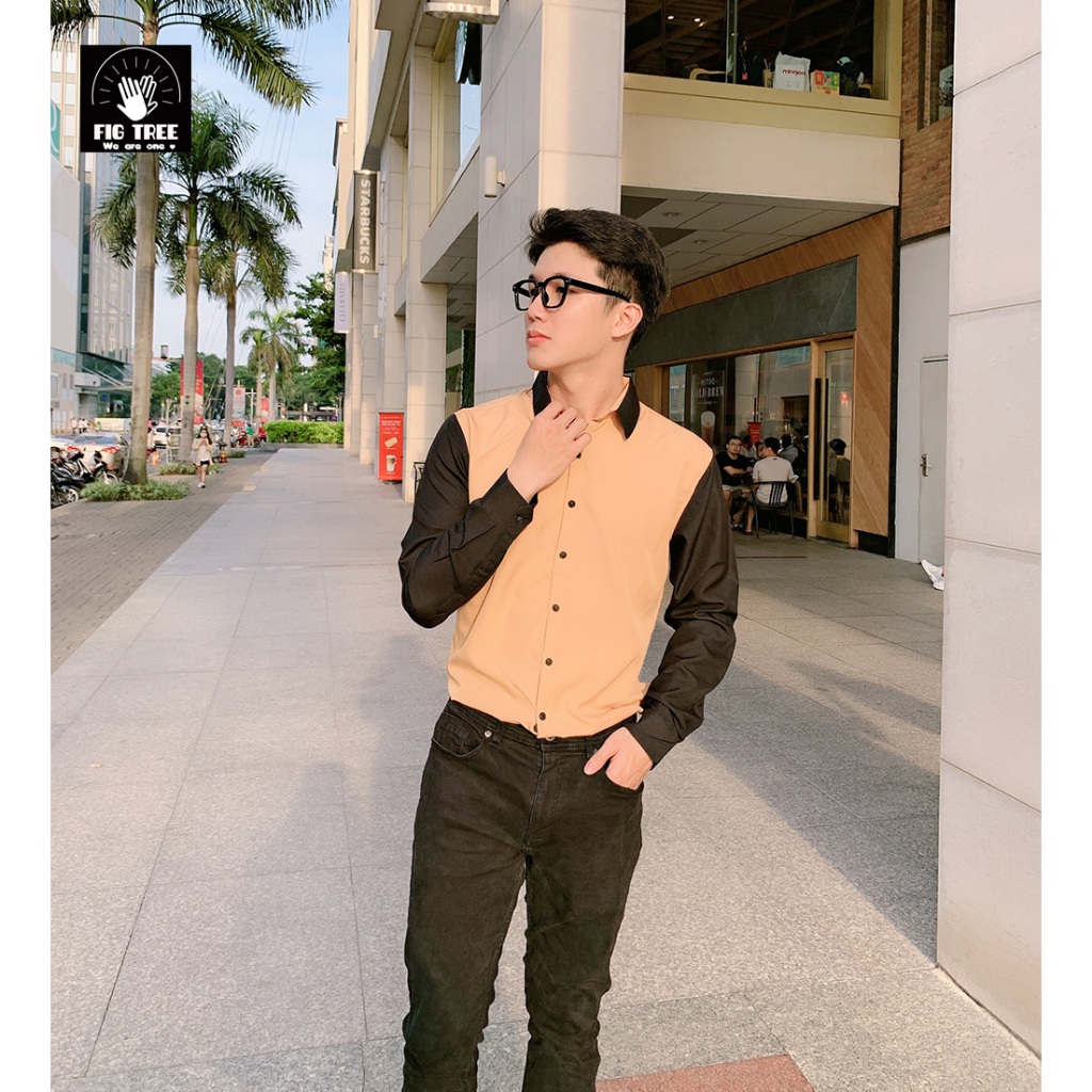 Áo Sơ Mi Nam Fig Tree Màu Vàng Phối Đen Model Đi Chơi, Đi Làm Lịch Lãm, Chất Cotton, Hàng thiết kế