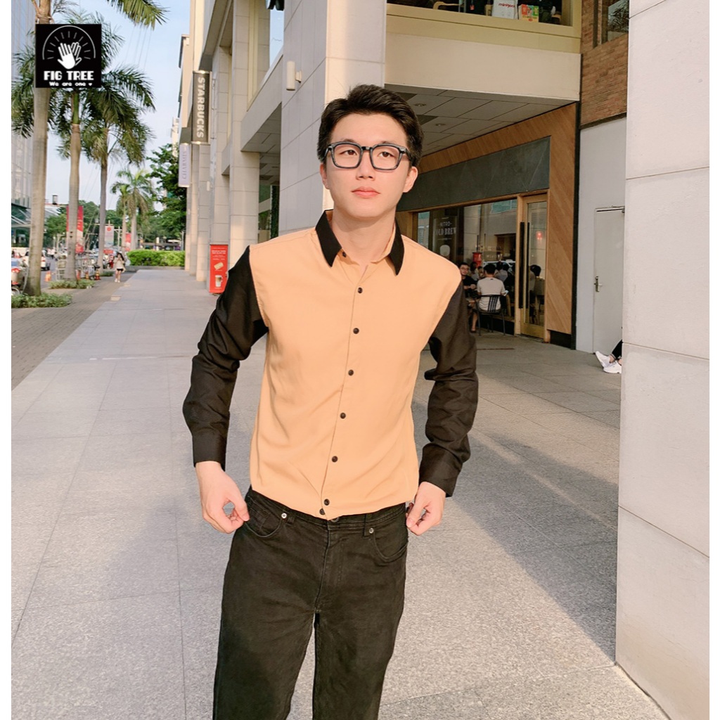 Áo Sơ Mi Nam Fig Tree Màu Vàng Phối Đen Model Đi Chơi, Đi Làm Lịch Lãm, Chất Cotton, Hàng thiết kế