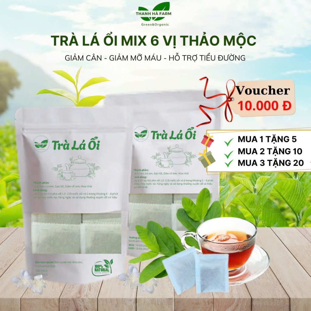 Trà Lá Ổi Túi Lọc Giảm Cân Combo 30 Gói Mix Thảo Mộc Thiên Nhiên - Gói Lớn Pha 2L Nước