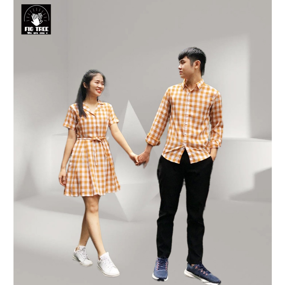 Set Sơ Mi Váy Đôi Fig Tree Caro Vàng Cho Couple Đi Chơi, Đi Tiệc Siêu Xinh Mã 133VA