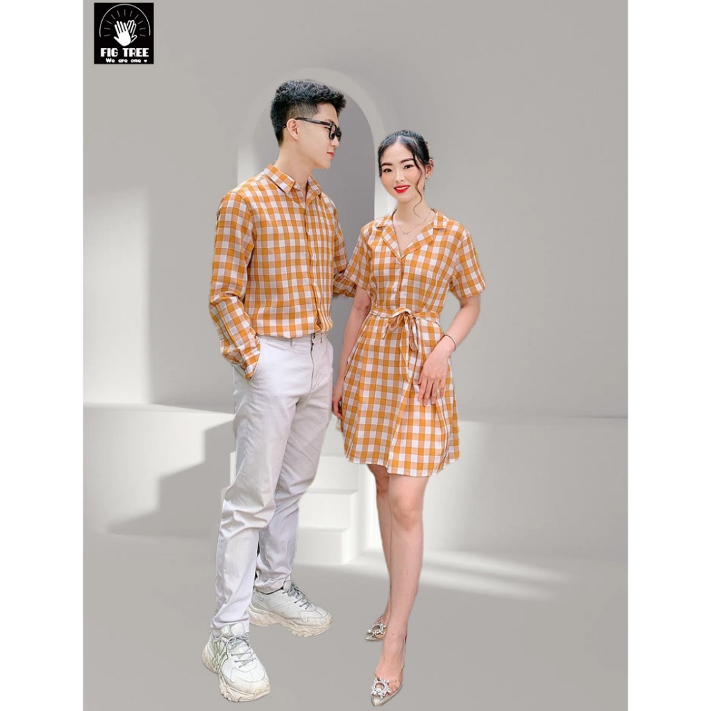 Set Sơ Mi Váy Đôi Fig Tree Caro Vàng Cho Couple Đi Chơi, Đi Tiệc Siêu Xinh Mã 133VA