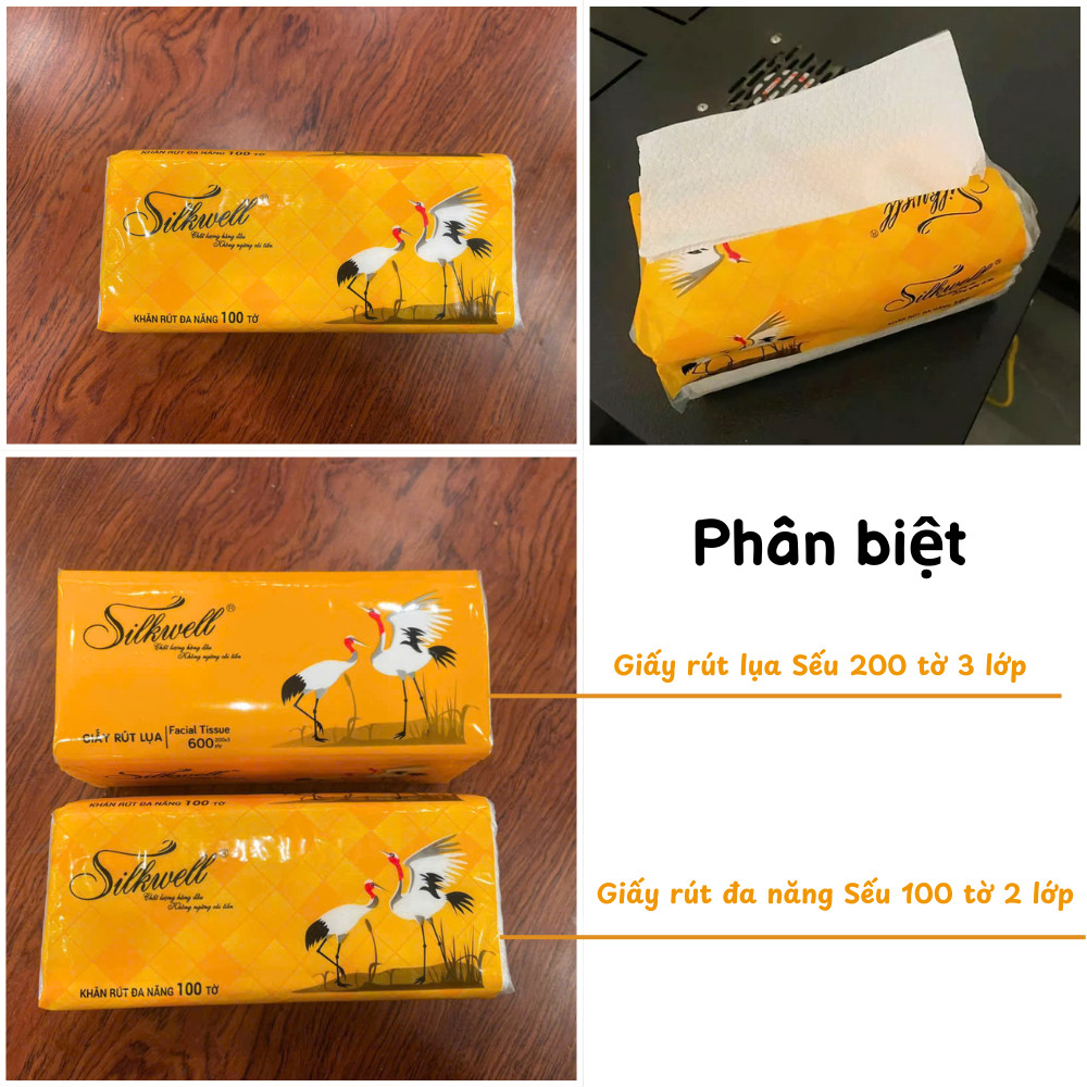 Thùng 9 gói giấy rút đa năng Silkwell Sếu 100 tờ 2 lớp siêu dai, tiện lợi khi lau tay, lau bếp & thấm dầu