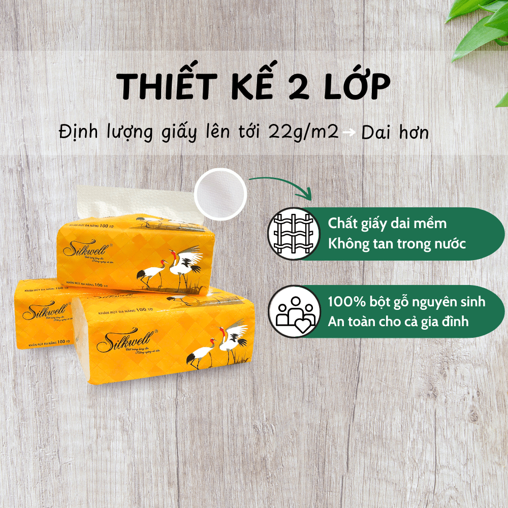 Thùng 9 gói giấy rút đa năng Silkwell Sếu 100 tờ 2 lớp siêu dai, tiện lợi khi lau tay, lau bếp & thấm dầu