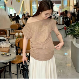 Áo Thun Lệch Vai Nhún Eo cho Mẹ Bầu thời trang công sở , chất xốp nhăn nhật mềm mát