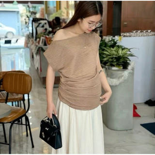 Áo Thun Lệch Vai Nhún Eo cho Mẹ Bầu thời trang công sở , chất xốp nhăn nhật mềm mát