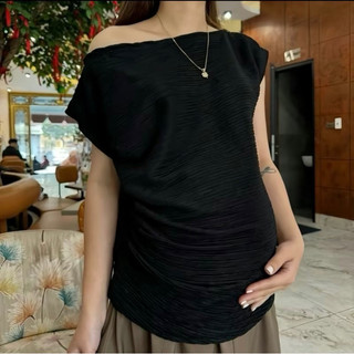 Áo Thun Lệch Vai Nhún Eo cho Mẹ Bầu thời trang công sở , chất xốp nhăn nhật mềm mát