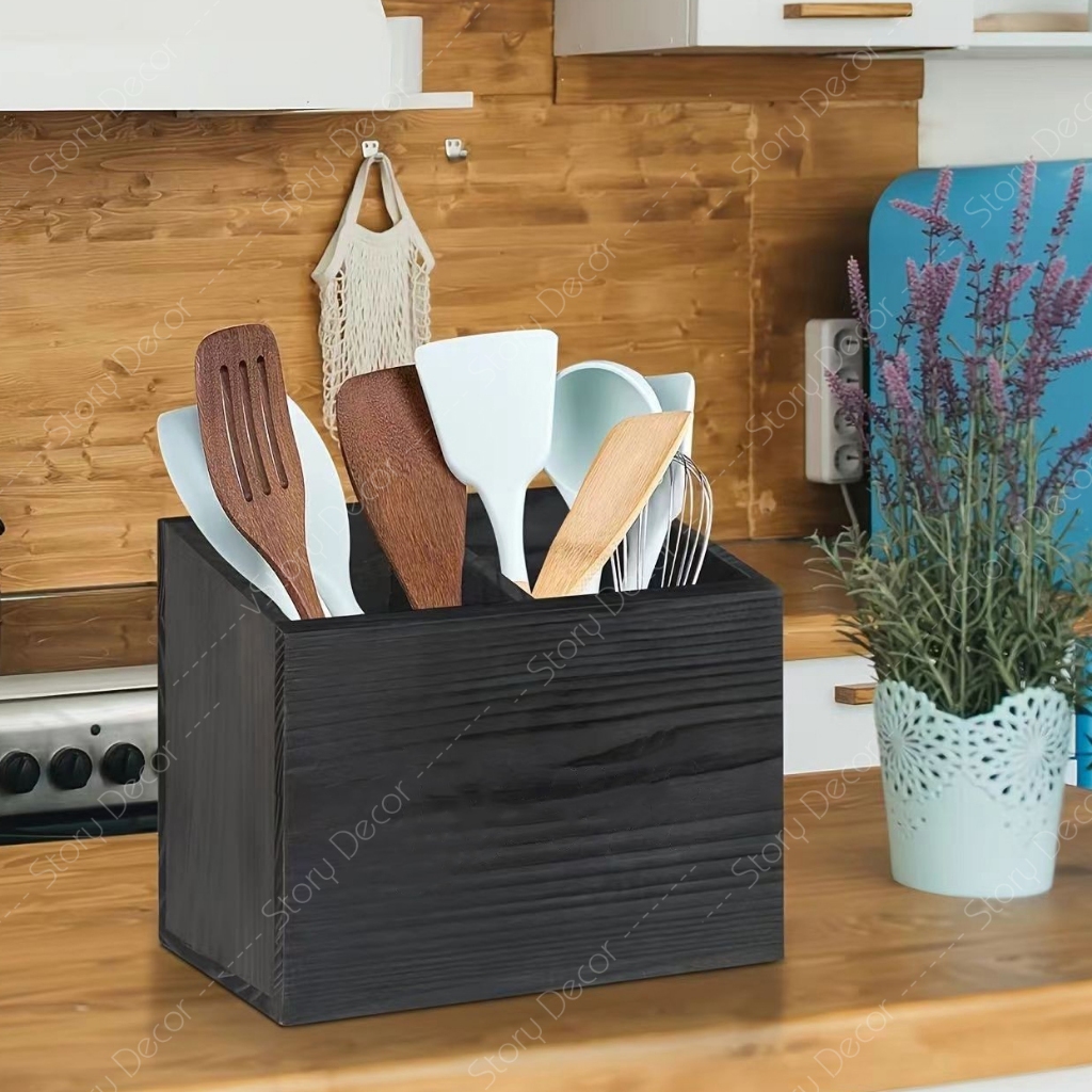 Khay gỗ màu đen chia ngăn đựng bút viết, đũa thìa đa năng