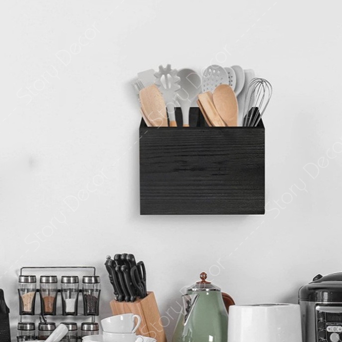 Khay gỗ màu đen chia ngăn đựng bút viết, đũa thìa đa năng