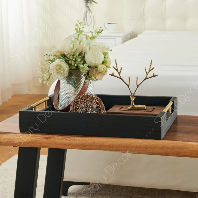Khay trà, bánh, khay gỗ màu đen và màu mộc tự nhiên có tay cầm sang trọng sử dụng đa năng