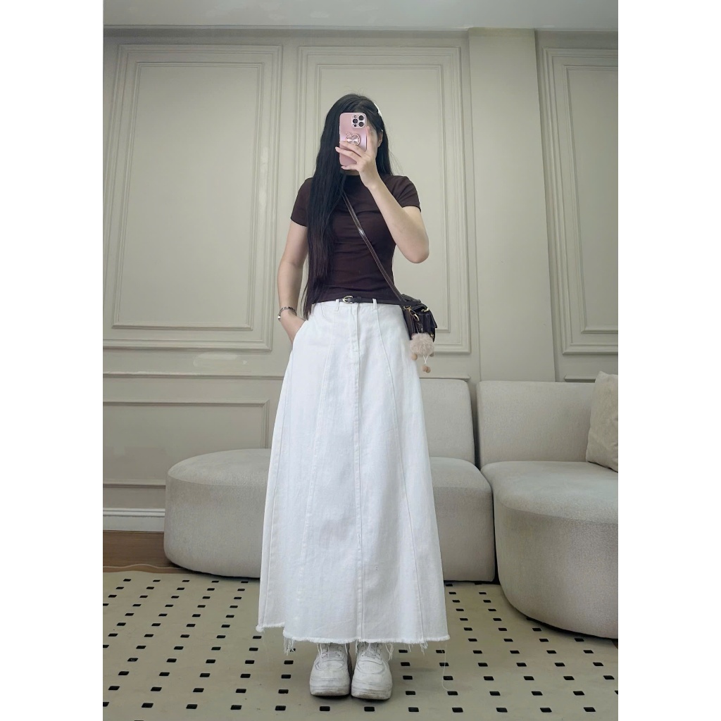 Chân Váy Jeans Trắng Joolate Dáng Dài Tháo Gấu tua rua style ulzzang