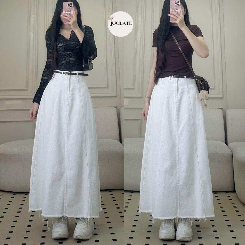 Chân Váy Jeans Trắng Joolate Dáng Dài Tháo Gấu tua rua style ulzzang