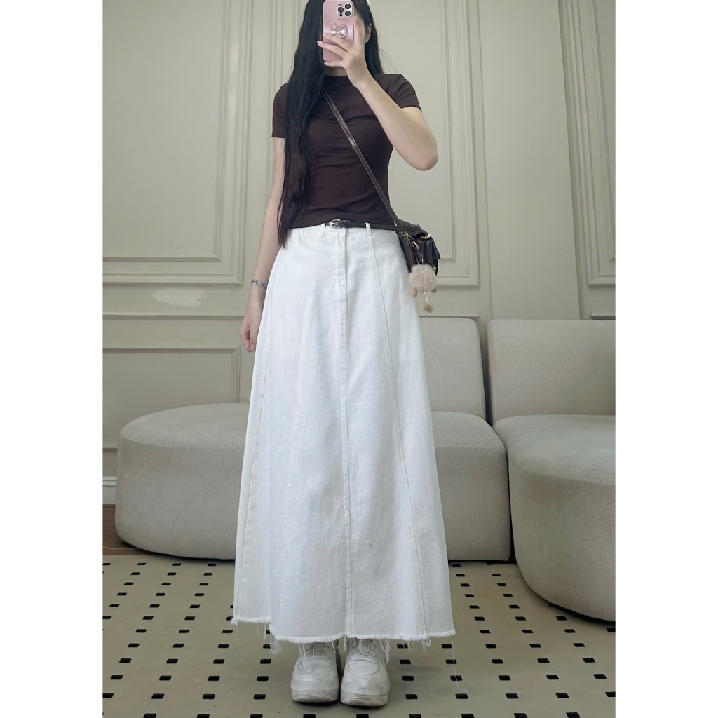 Chân Váy Jeans Trắng Joolate Dáng Dài Tháo Gấu tua rua style ulzzang