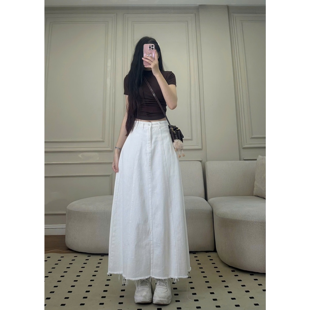 Chân Váy Jeans Trắng Joolate Dáng Dài Tháo Gấu tua rua style ulzzang