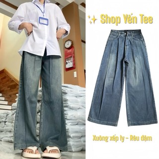 Quần jeans nữ ống rộng xếp ly V sành điệu che khuyết điểm Yến Tee Shop #1001