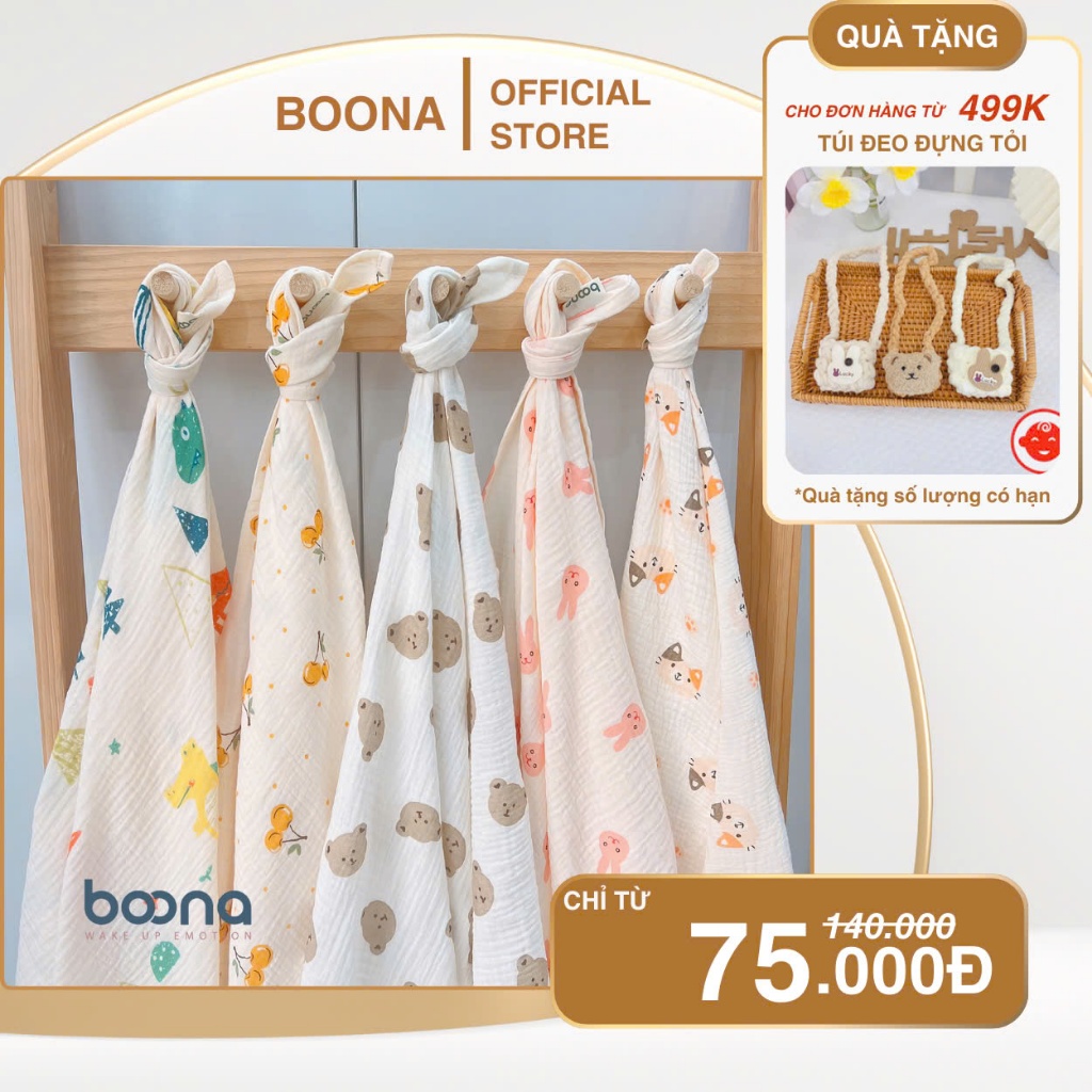 Khăn tắm cho bé Boona vải xô muslin cao cấp 2 lớp kích thước 90x90cm ...