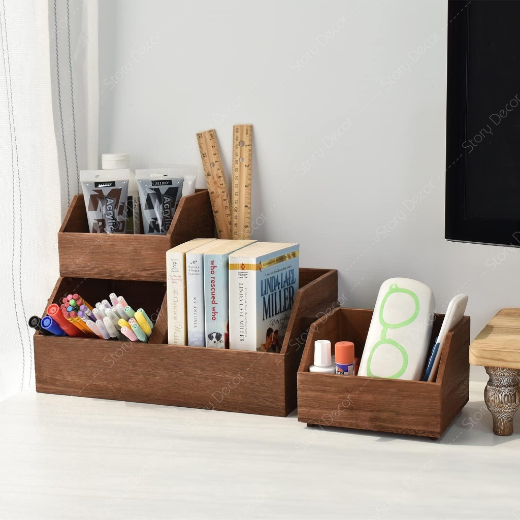 [1 khay đôi lớn + 2 khay nhỏ] Bộ khay gỗ màu nâu óc chó đựng đồ đa năng, phụ kiện, bút thước học sinh, khay để bàn