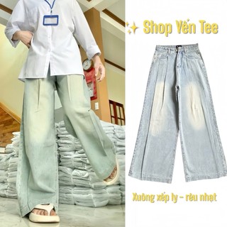 Quần jeans nữ ống suông rộng xếp ly V sành điệu che khuyết điểm Yến Tee Shop #1001