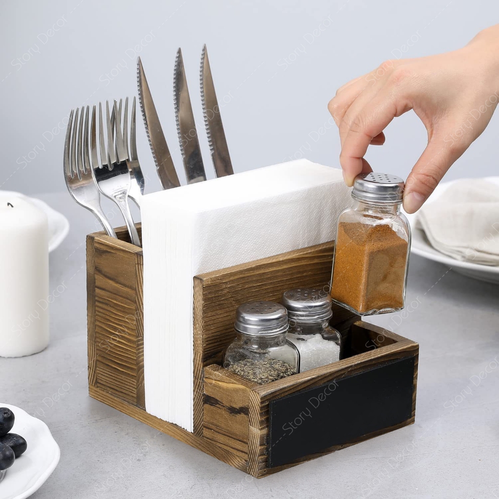Khay gỗ đựng giấy, đũa thìa, lọ gia vị nhà hàng, quán ăn đa năng