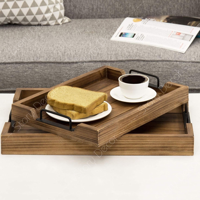 Khay trà, cafe, khay đựng bánh chụp ảnh đa năng màu nâu óc chó có tay cầm sang trọng