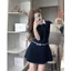 Váy Xanh Than Chất Tuyết Mưa Phối Cổ Sơmi Khoá Xếp Ly Đính Nơ Eo Hàng 2 Lớp Hoadanbistore