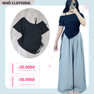 Set đồ bigsize nữ áo thun trễ vai vạt chéo có dây thắt eo phối quần ống rộng lưng chun co giãn thoải mái - SET980
