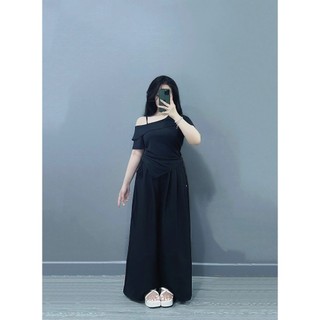 Set đồ bigsize nữ áo thun trễ vai vạt chéo có dây thắt eo phối quần ống rộng lưng chun co giãn thoải mái - SET980