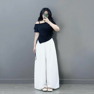 Set đồ bigsize nữ áo thun trễ vai vạt chéo có dây thắt eo phối quần ống rộng lưng chun co giãn thoải mái - SET980