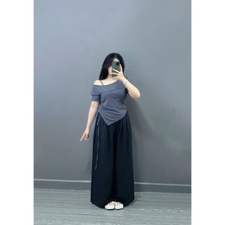 Set đồ bigsize nữ áo thun trễ vai vạt chéo có dây thắt eo phối quần ống rộng lưng chun co giãn thoải mái - SET980
