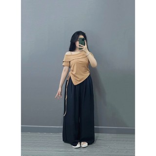Set đồ bigsize nữ áo thun trễ vai vạt chéo có dây thắt eo phối quần ống rộng lưng chun co giãn thoải mái - SET980
