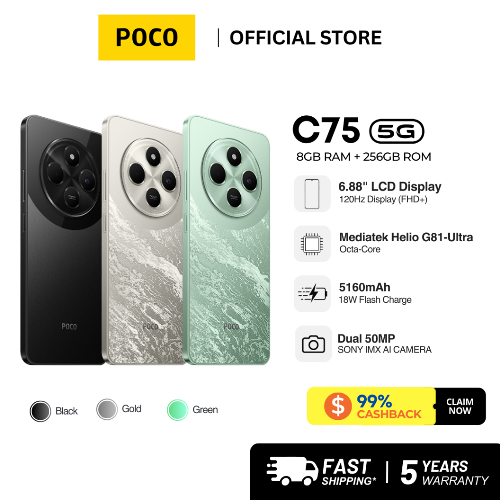 Điện Thoại XIAOMI POCO C75 (8GB+256GB) | Màn hình 6.88" | Pin 5160mAh | Camera kép 50MP