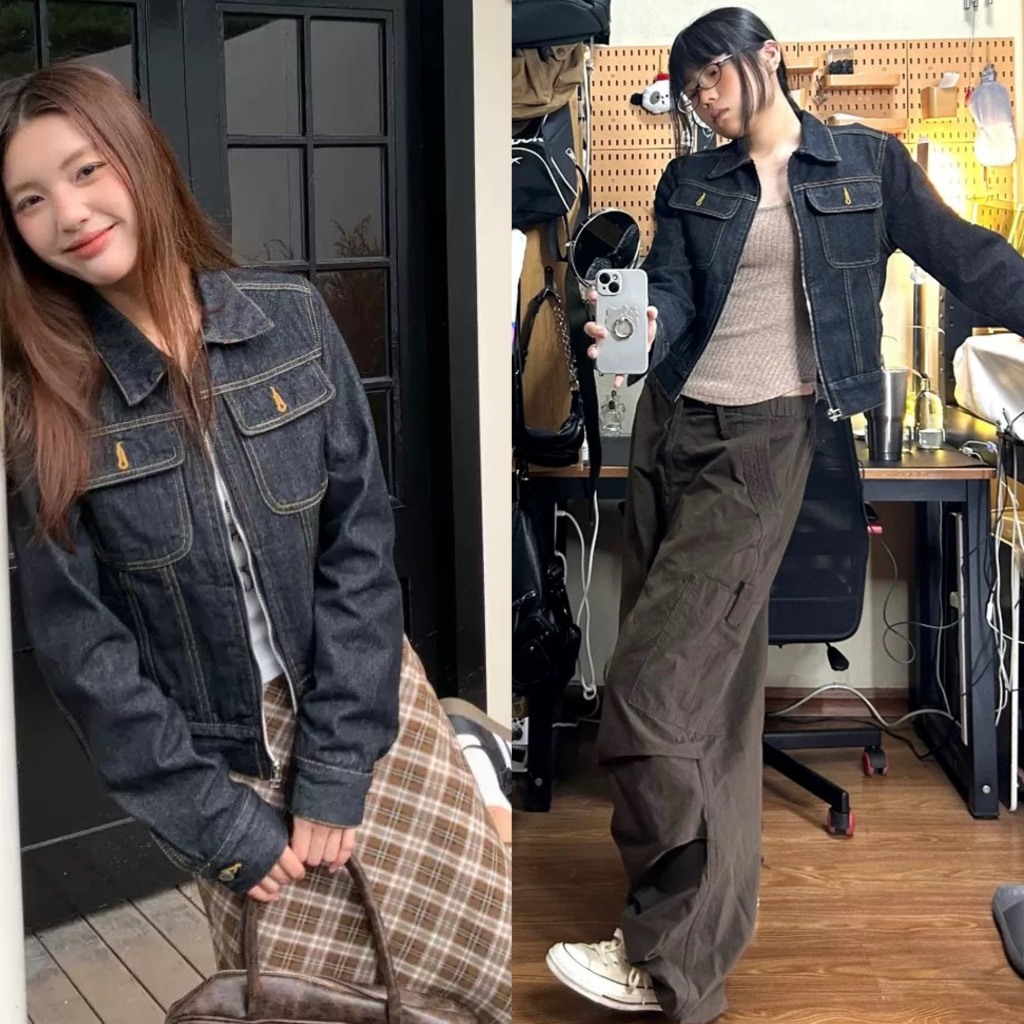 Áo khoác denim jean xanh đen TÚI NGỰC khoá zip unisex form lửng vừa AK003 - Tiktik