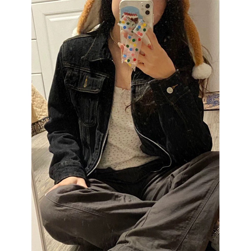 Áo khoác denim jean xanh đen TÚI NGỰC khoá zip unisex form lửng vừa AK003 - Tiktik