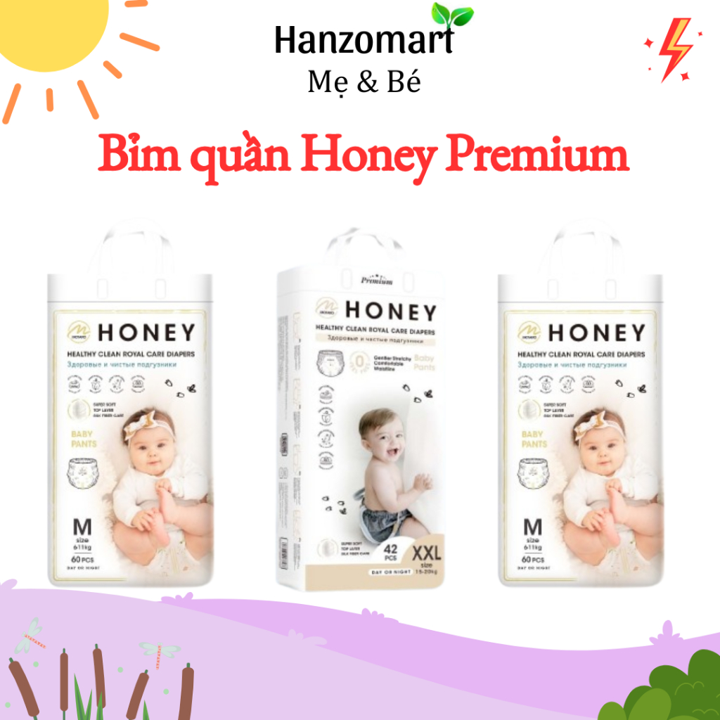 Bỉm tã quần Honey Premium tơ tằm cao cấp size M52/ L48/ XL44/ XXL42/ 3XL40/ 4XL38 miếng