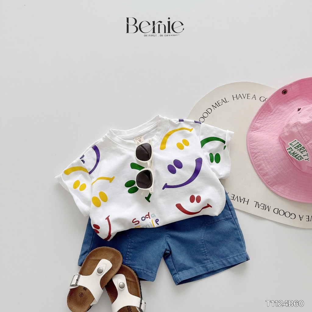 Bộ cotton hoạ tiết mặt cười phối quần bò bé trai, bộ cotton cộc tay mềm mịn cho bé